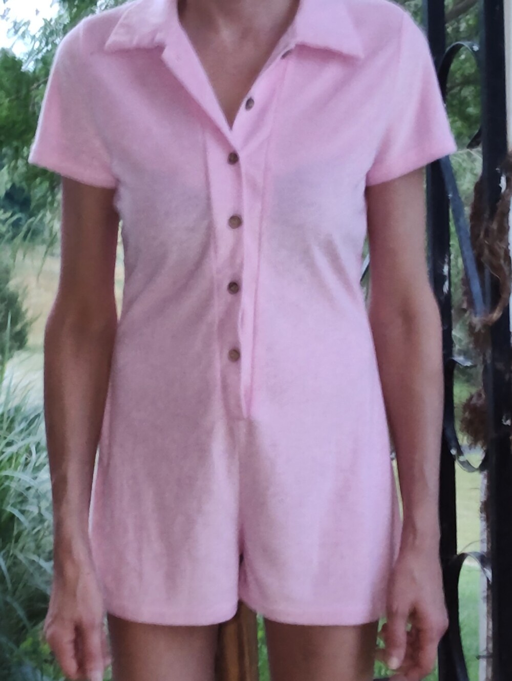 Pink Women's Short Sleeve Button Terry Cloth Romper
